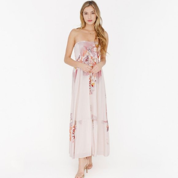 Plum Pretty Sugar - Pink Floral Strapless Midi/Maxi Dress - Picture 1 of 14
